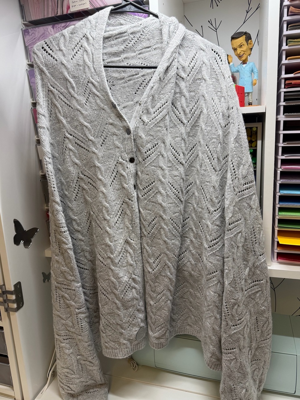 Seraphine Light Gray Open-Knit Hooded Cardigan